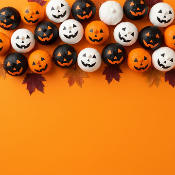 Bordo superiore con mini-zucche decorative nere, bianche e arancioni sorridenti, sparse su sfondo arancione e decorate con foglie d'acero.