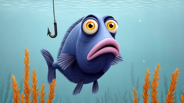 Animated blue fish with exaggerated facial expression swims nervously near a fishing hook, showcasing the underwater scene with vibrant orange seaweed, camera zooms in to emphasize the fish's emotions