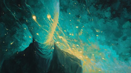 Enigmatic Painting of Curiosity Featuring Glowing Teal and Yellow Sparks Emerging from a Mysterious Figure