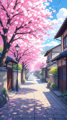 Traditional Japanese Street with Cherry Blossoms in Full Bloom