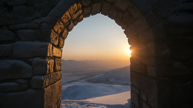 Stone archway framing a serene winter landscape at sunrise. Snow-covered hills meet the golden sky. Tranquil vista through ancient architecture.
