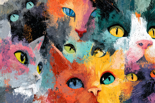 Colorful illustration of multiple cats with expressive eyes and vibrant fur patterns