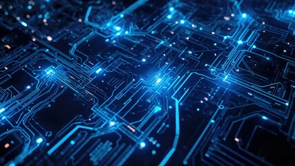 Loopable tech background: Complex network of interconnected circuits pulsing with BLUE energy, symbolizing data flow and advanced technology in a futuristic setting - Powered by Adobe