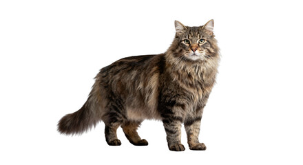A fluffy brown tabby cat standing and looking forward on a black isolated background in a studio shot ai generative