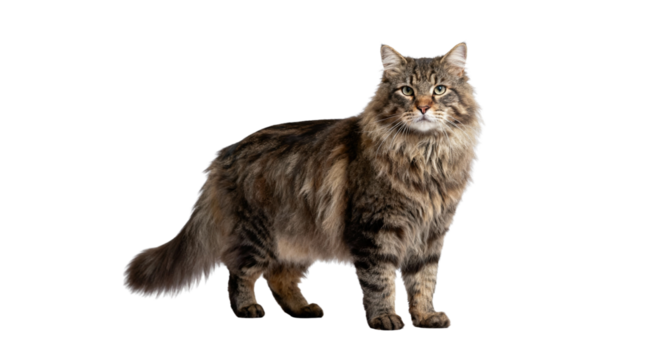 A fluffy brown tabby cat standing and looking forward on a black isolated background in a studio shot ai generative