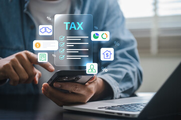 Mobile tax planning concept showing person managing tax checklist digital smartphone platform, reviewing financial data, income charts, and budget reports in online accounting environment