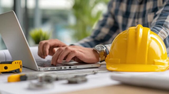 Blueprint and Keyboard: An architect, deeply immersed in his craft, meticulously works on a project, typing on the keyboard amidst blueprints and essential tools.