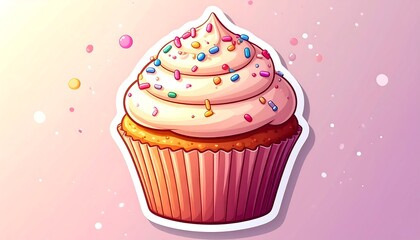A stylized cartoon cupcake, frosting topped with sprinkles, presented on a pastel background with soft highlights and scattered colorful dots