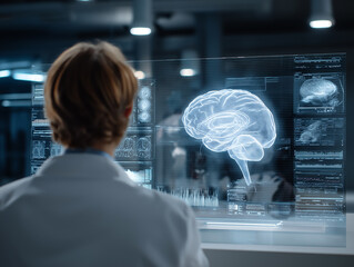 Doctor Studying Brain Scan on Advanced Holographic Display