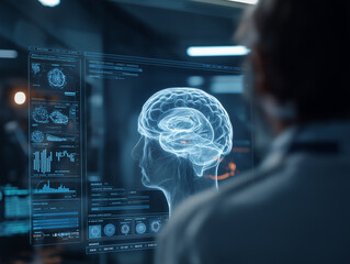 Neuroscientist Examining 3D Brain Visualization with Data Analytics