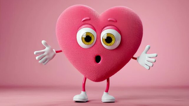 Animated heart character with expressive eyes and cheerful demeanor, engagingly dances and gestures with arms, showcasing playful movement and vibrant colors, camera follows the lively action sequence