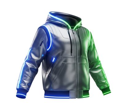 A futuristic, cyberpunkstyle hooded jacket with glowing blue and green neon accents, isolated on a transparent background, representing modern fashion and technology