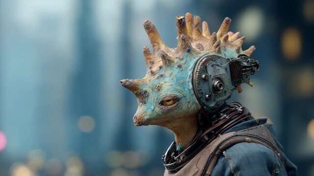Sci fi fantasy video animation realistic charcter concept of an alien humanoid in futuristic clothes, with mottled skin and blurred background
