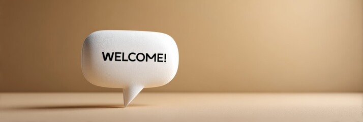 Speech bubble with the word welcome. Floating against a minimalist beige background, representing a friendly greeting, invitation, or a message of hospitality, ready for digital communication