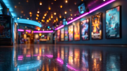 Fototapeta premium Neon Lights and Reflective Floors in a Modern Cinema Lobby with Movie Posters and Ambient Lighting