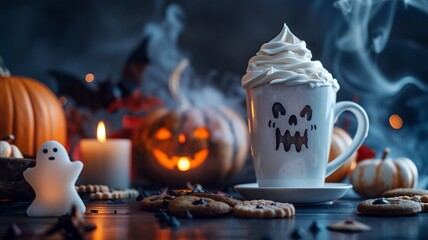 Festive Halloween mug of hot chocolate topped with whipped cream, surrounded by cookies, pumpkins, candles, and ghost decorations.