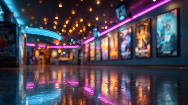 Neon Lights and Reflective Floors in a Modern Cinema Lobby with Movie Posters and Ambient Lighting