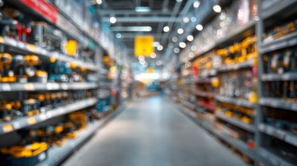 Brightly Lit Aisle in Hardware Store with Shelves of Tools and Equipment