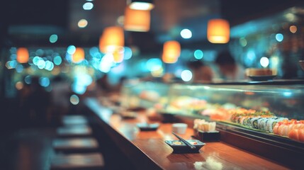 A Lively Sushi Restaurant Interior Featuring Glowing Counter with Assorted Sushi and Charming Atmosphere