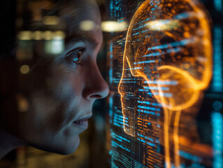 Futuristic Woman Analyzing Digital Data with Neural Overlay
