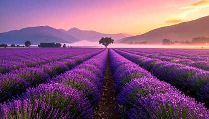 Obraz premium A scenic vista unveils endless rows of blooming purple flowers under a soft, pastel-colored sky. A lone tree stands center, mountains behind