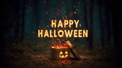 Halloween Fireworks Bursting Display with Illuminated Happy Halloween Text in Dark Forest. Scary Halloween Gift Box. Celtic Samhain. Trick or Treating. Jack o Lantern