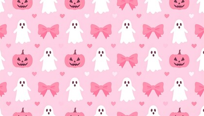 A repeating pink pattern with white ghosts, jack-o-lanterns, pink bows, and small pink hearts scattered across the surface