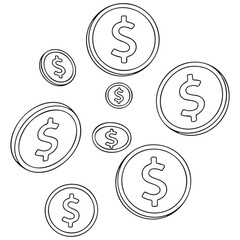 Outline Vector: Falling Dollar Coins for Income and Wealth