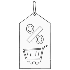 Outline Vector: Discount Price Tag with Shopping Cart and Percent Symbol