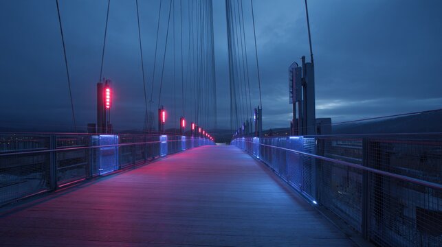 Modern pedestrian bridge illuminated with vibrant blue and red lights at dusk, creating a dramatic and futuristic urban pathway