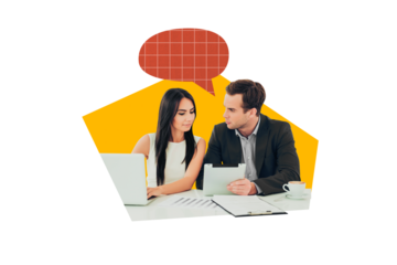 Composite creative art collage of two happy man girl business people cooperation laptop ebook bubble speak isolated on painted background