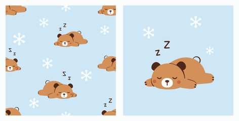 Sleeping bear seamless pattern on soft blue with simple snowflakes and z symbols, cute hand-drawn winter repeat for kids fabric, pajamas, wrapping and cozy nursery decor.