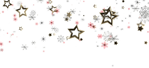 Christmas background with falling gold stars and snowflakes on a white backdrop. Perfect for holiday designs and festive decorations.
