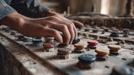 Obraz premium Operator Hands Adjusting Control Panel in Marble Factory Setting with Dusty Knobs and Abandoned Machinery
