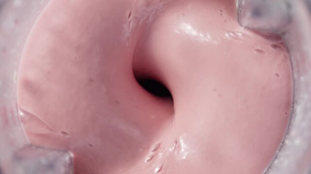 Strawberry and banana pink milkshake blended in blender with splashes. top view. slow motion. Healthy protein smoothie drink concept , food closeup