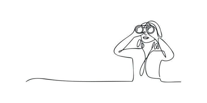 Person holding binoculars looking forward with one continuous line