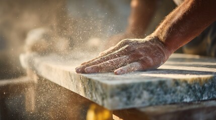 Skilled Worker Polishing Marble Slab in Workshop Covered in Dust Particles and Natural Light for Artistry and Craftsmanship