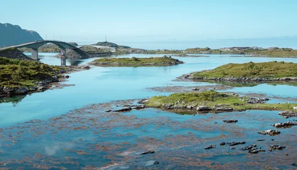 Gordijnen Poolcirkel Scenic bridge connecting small islands in Lofoten, Norway — turquoise sea, rocky coastline and mountains under clear summer sky in the Arctic Circle  © Aleksandra
