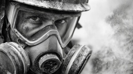 Fototapeta premium Worker in Respirator Mask Surrounded by Dust and Fine Particles, Captured in Black and White Photography