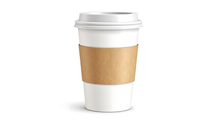 A single, fully assembled disposable coffee cup with a lid and paper sleeve, isolated against a clean white backdrop