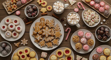 Abundant Christmas Cookie and Hot Chocolate Spread on Wooden Table cookies holiday