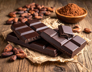 Indulge in decadent dark chocolate bars with rich cocoa powder and beans on rustic wood for a...