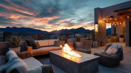 Rooftop Oasis with Fire Pit at Sunset: A captivating outdoor living space at sunset features a cozy fire pit, comfortable seating, and breathtaking views, perfect for relaxation and enjoyment.