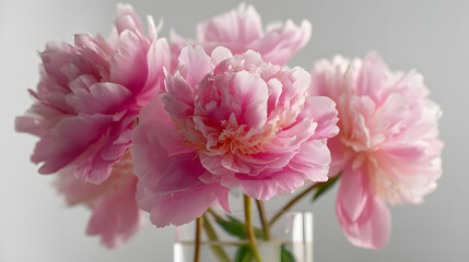 Fototapeta premium Elegant Pink Peonies in Clear Vase – Minimalist Floral Still Life on White Background, Soft Natural Light Photography