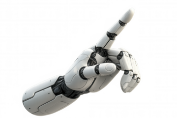 Robot hand pointing finger up, symbolizing artificial intelligence, future technology, and innovation, transparent background