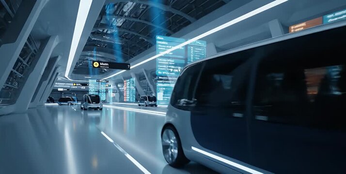 Futuristic transportation hub with automated vehicles and digital displays.
