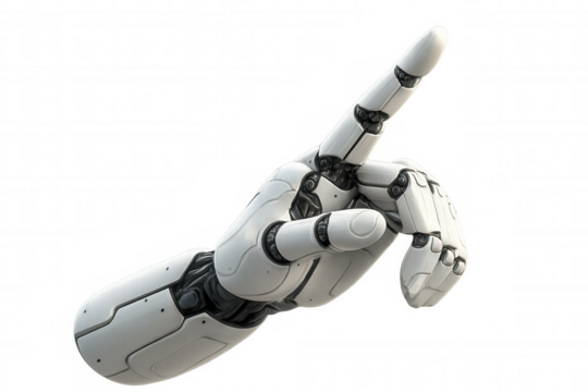 Robot hand pointing finger up, symbolizing artificial intelligence, future technology, and innovation, transparent background