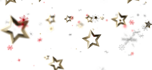 Golden stars and snowflakes against a white backdrop. Perfect for holiday designs. Festive, celebratory, and joyful, ideal for Christmas.