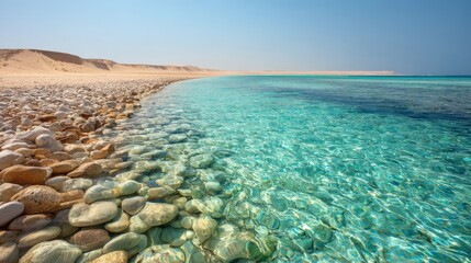 Obraz premium Clear turquoise water with pebble shoreline under bright sky