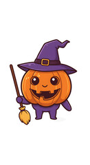 Obraz premium Cute cartoon pumpkin character wearing a purple witch hat and holding a broomstick, ready for Halloween festivities.